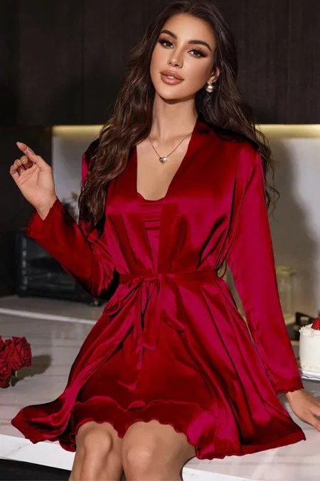 Sırt Dekolteli Sabahlıklı Saten Kırmızı 2li Gecelik Takım Real Passione 3066 - Kırmızı