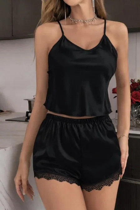 Siyah Askılı Şort Takım Basic Şort Dantel Kenarlı Real Passione 1133 - Siyah