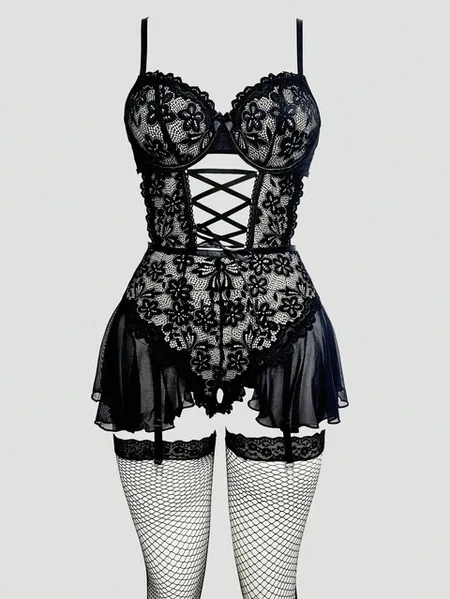 Siyah Body Seksi Jartiyer Takım Feel Lady F-239 - Siyah