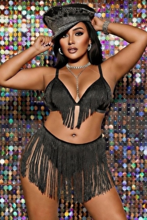 Siyah Büyük Beden Püsküllü Fantazi Gecelik Nathalie NTH02