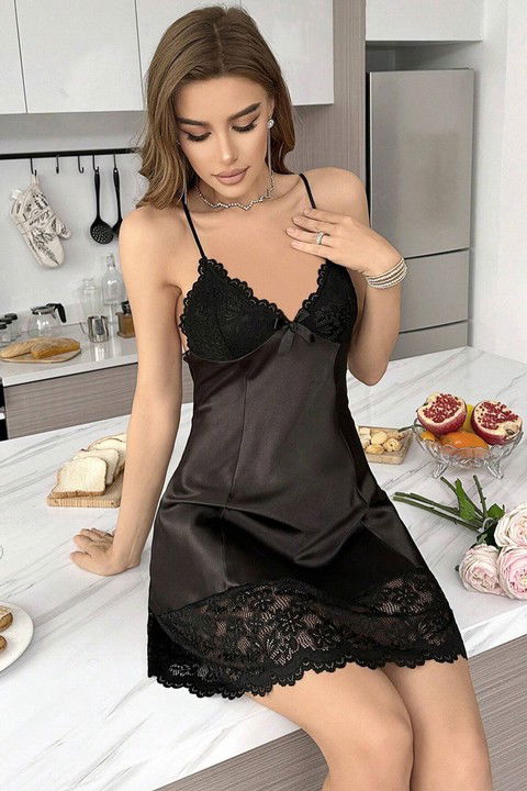 Siyah Dantel Göğüs ve Etek Detaylı İp Askılı Saten Gecelik Real Passione 2153