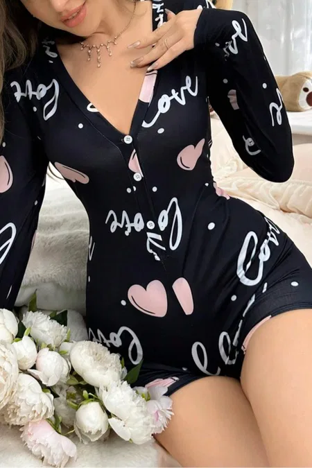 Kalp Desenli Düğmeli Tulum Pijama Ruselin 5124
