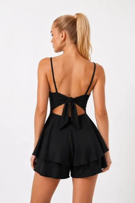 Siyah Sırt Dekolteli Mini Tulum Bella Notte T-6531 - Siyah