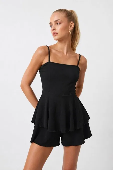 Siyah Sırt Dekolteli Mini Tulum Bella Notte T-6531 - Siyah