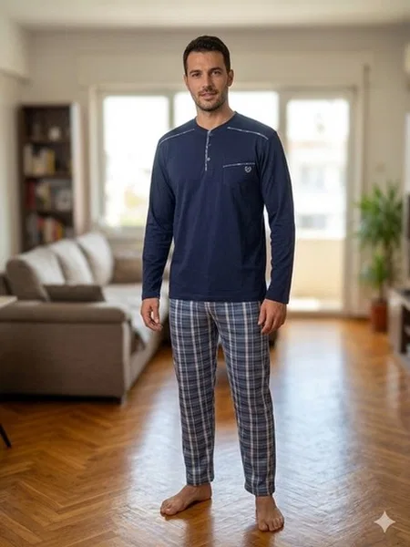 Süprem Ekose Erkek Pijama Takımı Bone Club 6370 - Lacivert