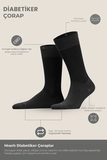 Unisex Diyabetik Bambu Soket Çorap Mısırlı UMDK000021 - Siyah