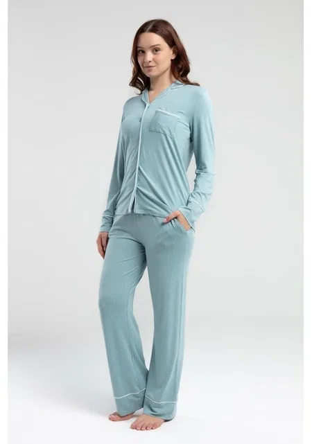 Önden Düğmeli Uzun Kol Mint Kadın Pijama Takımı Derya Kurşun 8986 - 2