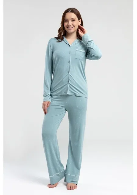 Önden Düğmeli Uzun Kol Mint Kadın Pijama Takımı Derya Kurşun 8986