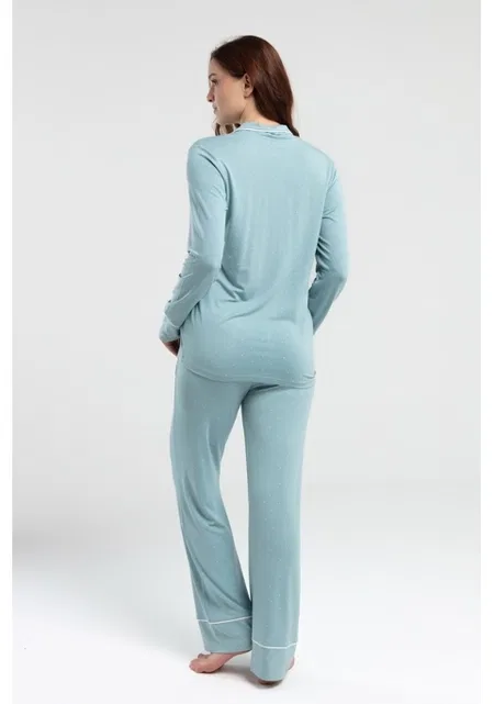 Önden Düğmeli Uzun Kol Mint Kadın Pijama Takımı Derya Kurşun 8986 - Mint