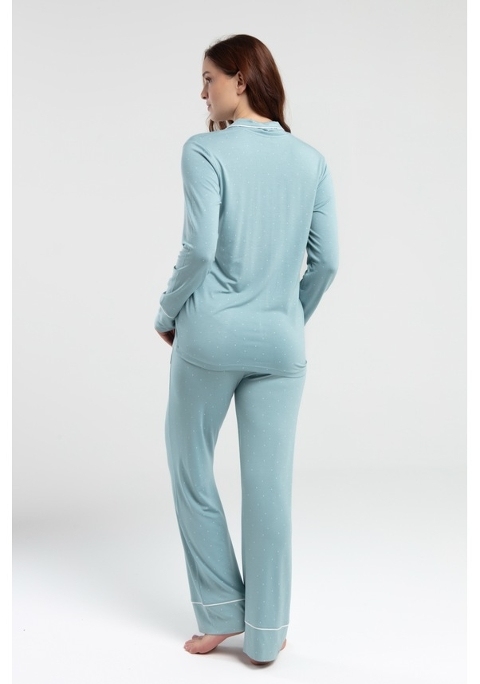 Önden Düğmeli Uzun Kol Mint Kadın Pijama Takımı Derya Kurşun 8986 - Mint