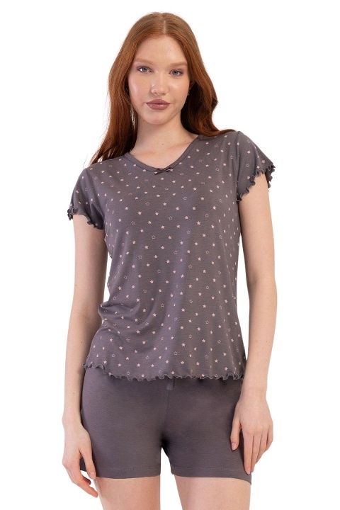 Viskon Şortlu Kısa Kol Pijama Takımı Vienetta 409290 - Füme