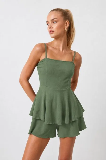 Yeşil Askılı Kloş Etek Detaylı Tulum Bella Notte T-6529 - Yeşil