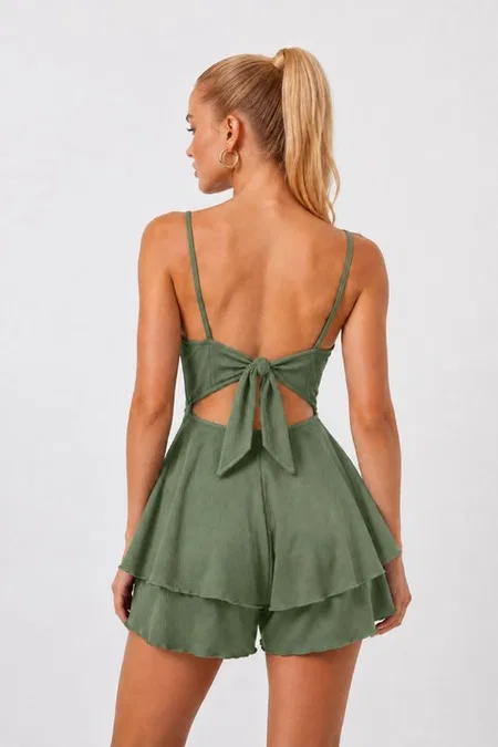 Yeşil Askılı Kloş Etek Detaylı Tulum Bella Notte T-6529 - Yeşil