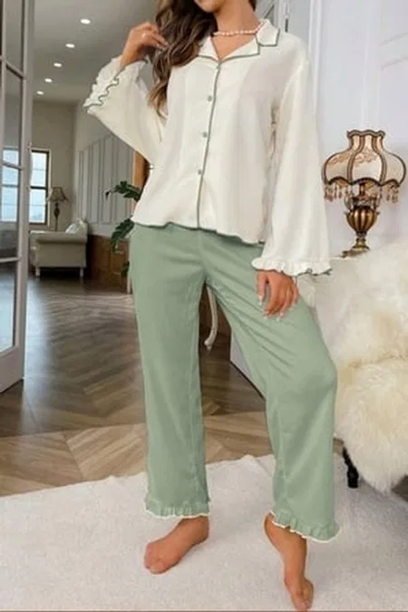 Yeşil Uzun Kollu V Yaka Fırfır Detaylı Pijama Takımı Bella Notte 77007 - Bej