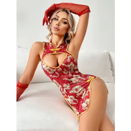 Yüksek Yaka Çin Esintili Ejderha Desenli Fantezi Kostüm Bella Notte 35531 - Çok Renkli