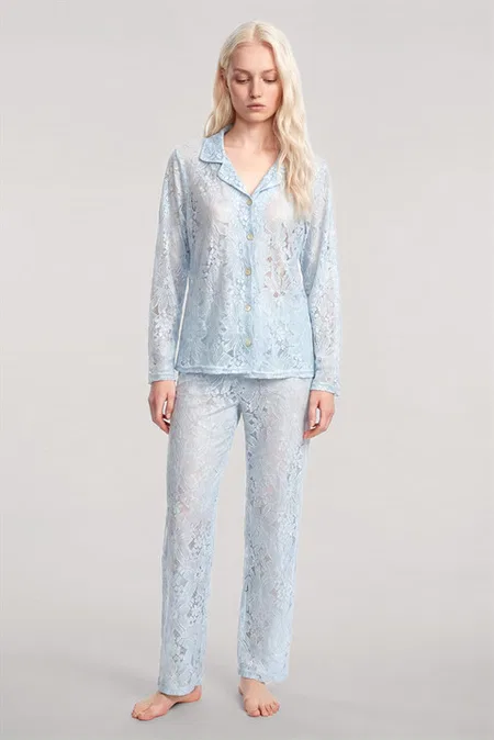 Zarif Dantel İşlemeli Düğmeli Kadın Pijama Takımı Akbeniz Mavi 5982 - Mavi