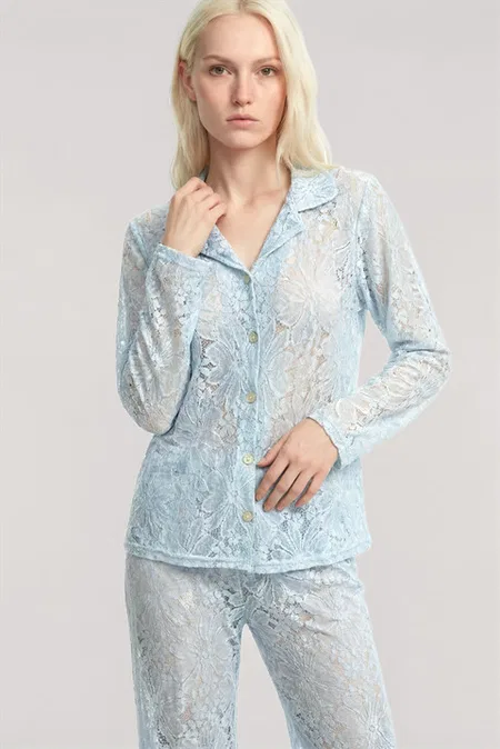 Zarif Dantel İşlemeli Düğmeli Kadın Pijama Takımı Akbeniz Mavi 5982 - Mavi