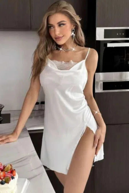 Yırtmaçlı Beyaz Fantazi Body Tek Parça Real Passione 2133 - Beyaz